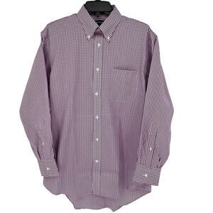 Land's End Men's No-Iron Pinpoint Oxford Dress Shirt LS Purple Check